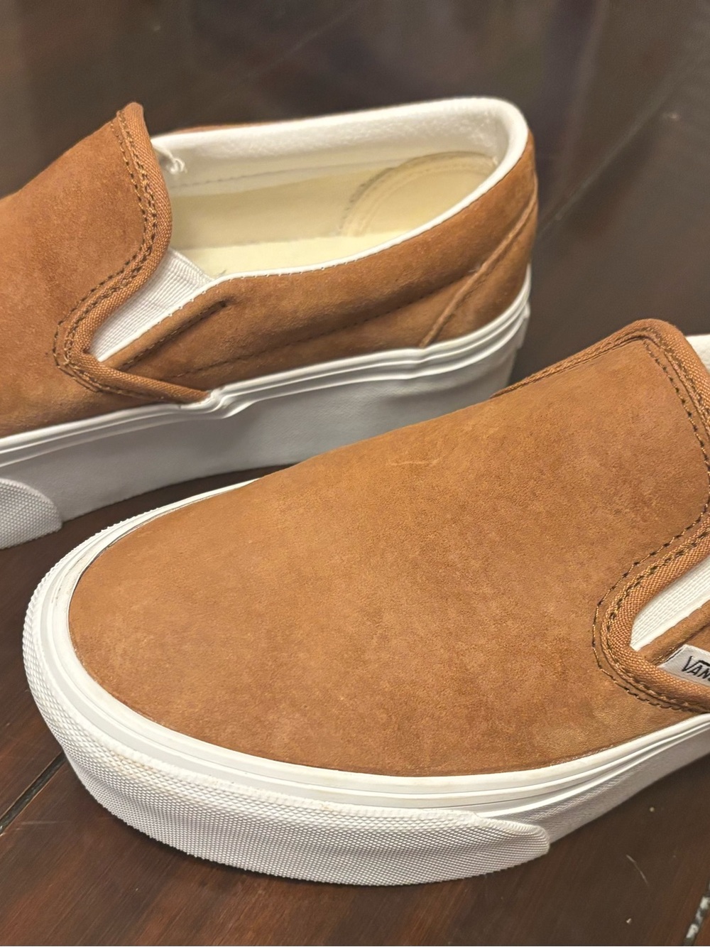 Vans Slip-On Platform Sneakers - Tan & White Soft Suede